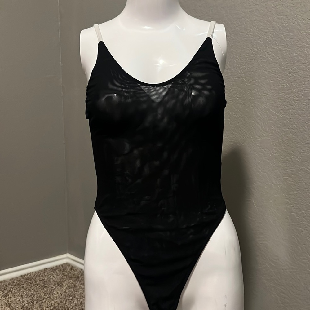 Sheer Bodysuit, Black with white shoulder straps